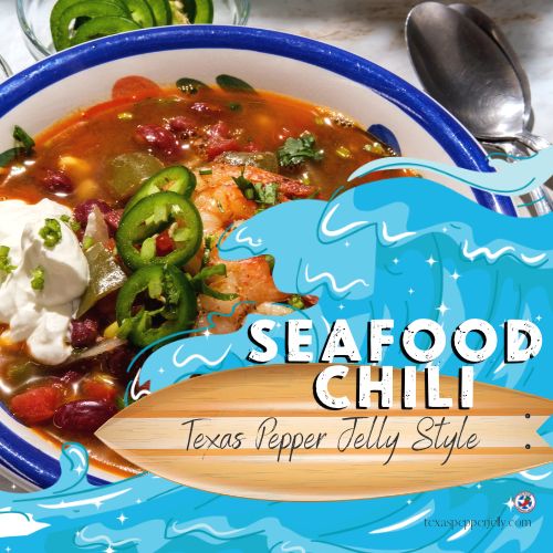Seafood chili recipe image with a bowl of the chili with shrimp and jalapeno