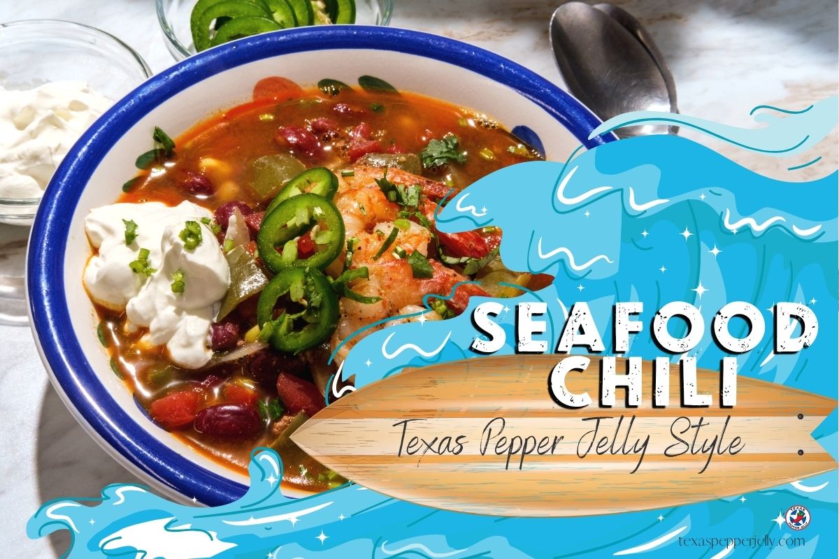 Bowl of seafood chili with shrimp jalapeno sour cream for the recipe