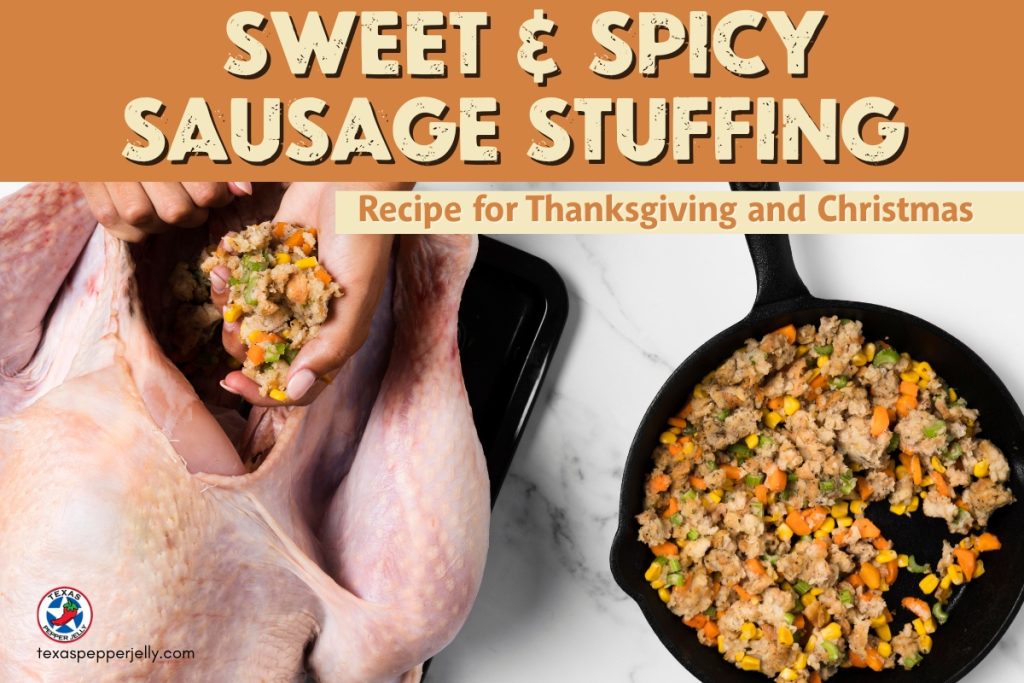 Turkey with two hands filling it with sausage stuffing that is in a skillet