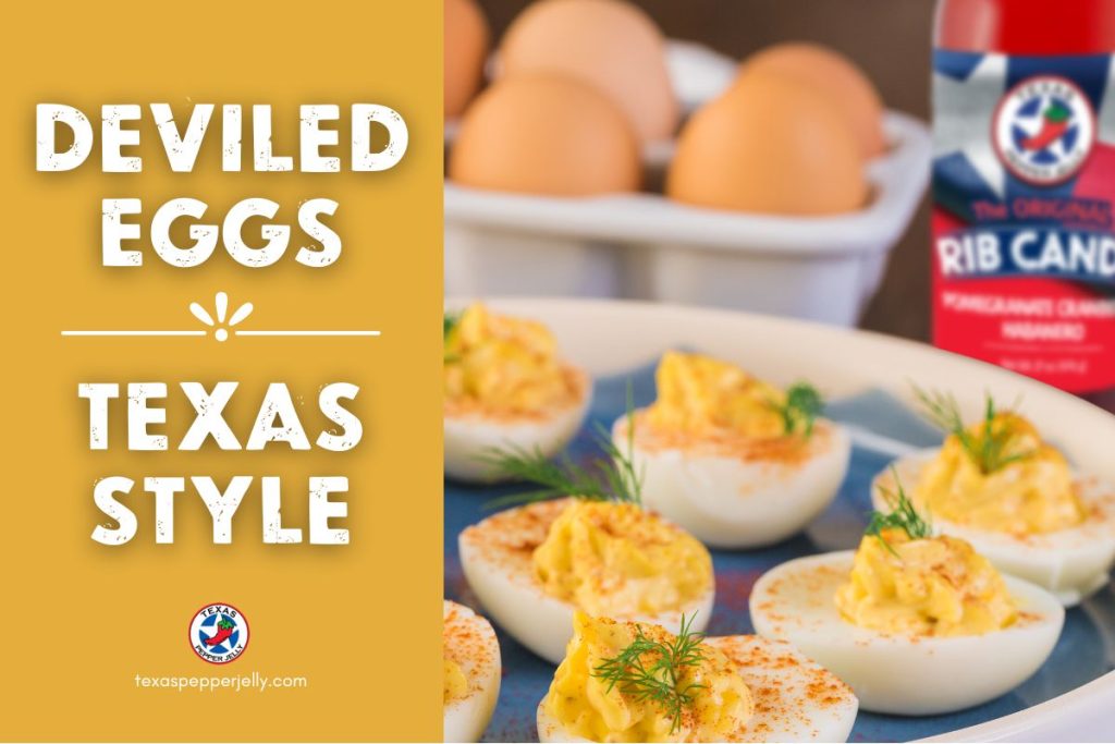 Deviled eggs with Texas Pepper Jelly Rib Candy Blog image for recipe