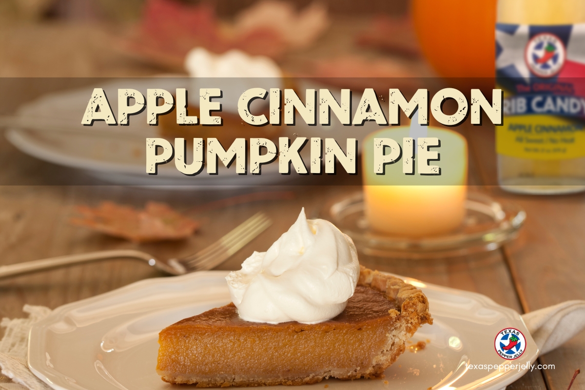 Apple Cinnamon Pumpkin pie on a white plate with fork and Rib Candy in background