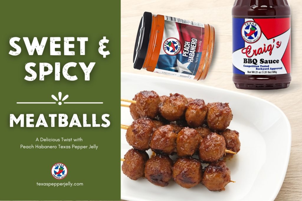 Skwered meatballs on a white plate with craig's bbq sauce and peach habanero jelly on the side