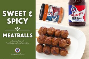Skwered meatballs on a white plate with craig's bbq sauce and peach habanero jelly on the side