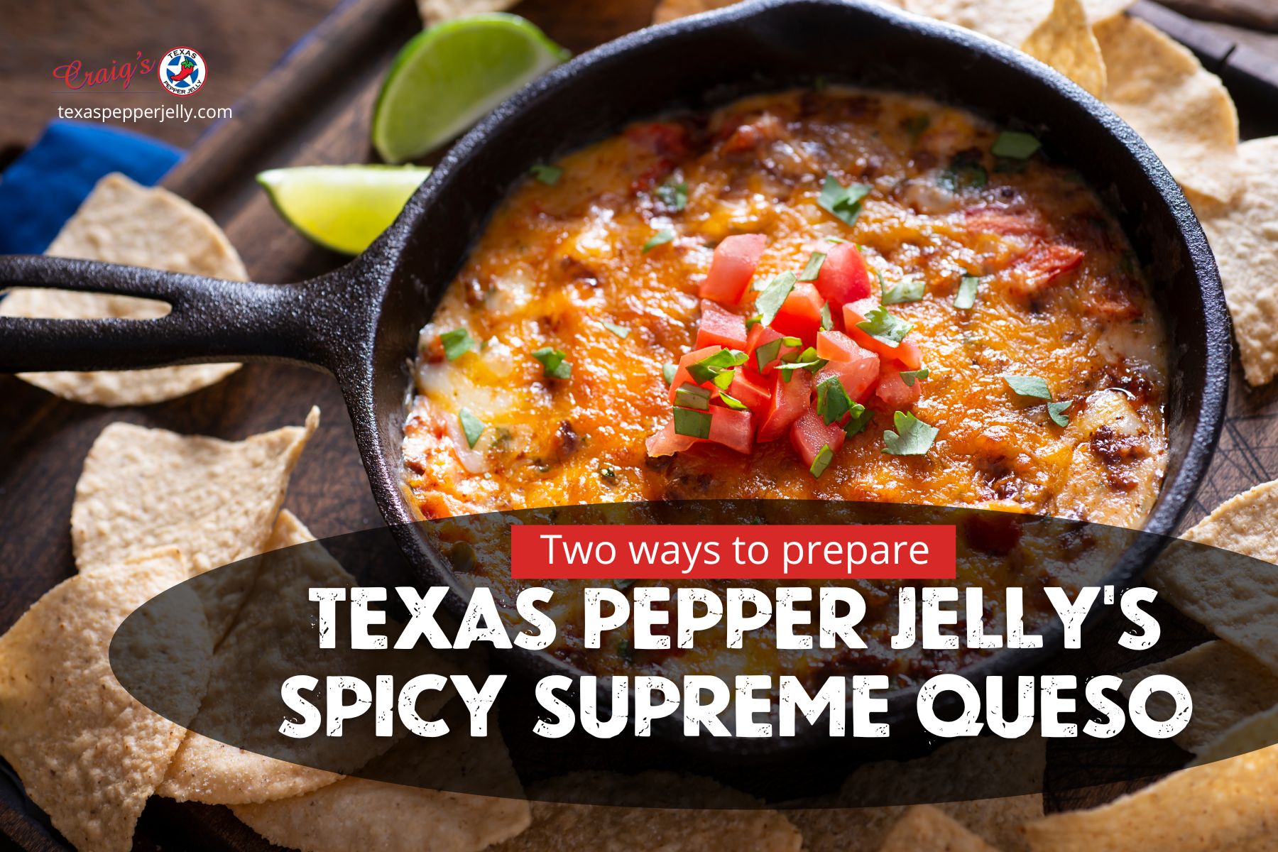Cast iron skillet with spicy mexican queso chips and limes