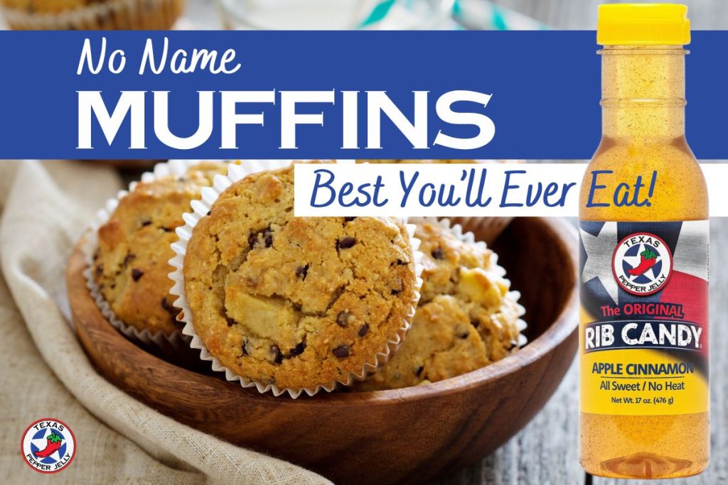 Banana apple muffins in a wooden bowl and apple cinnamon rib candy in the forefront