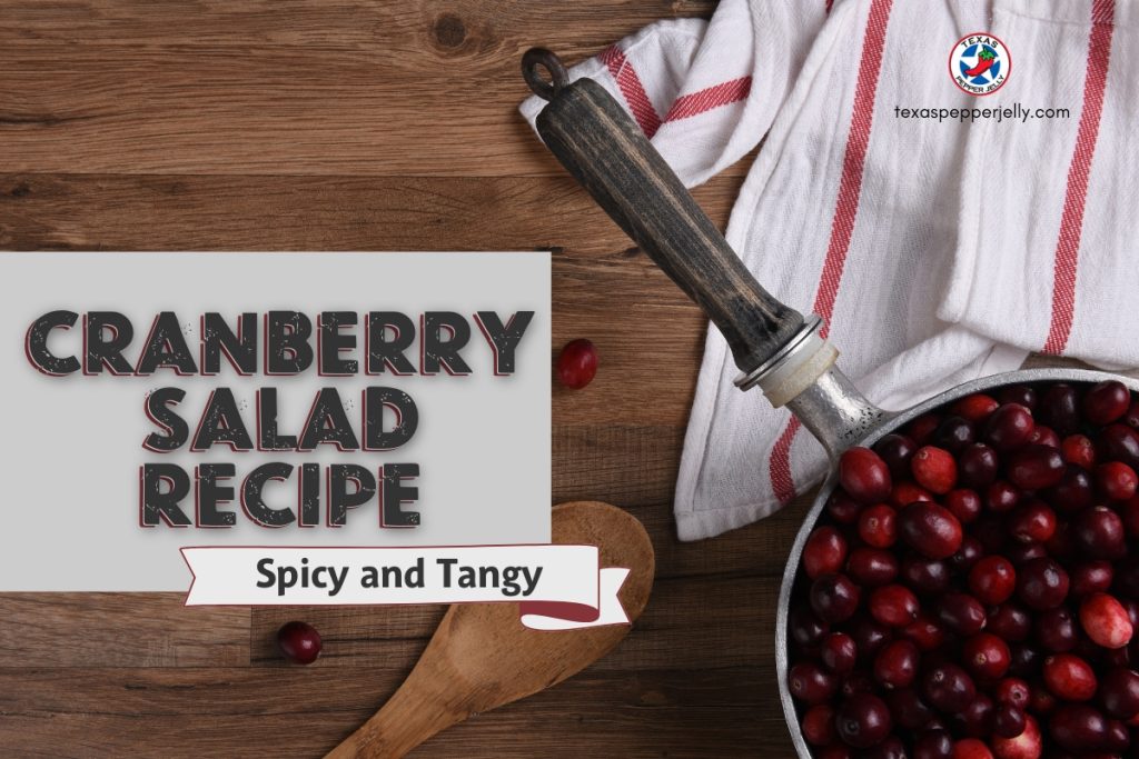 Pan of cranberries on a wood table with wooden spoon and kitchen towel