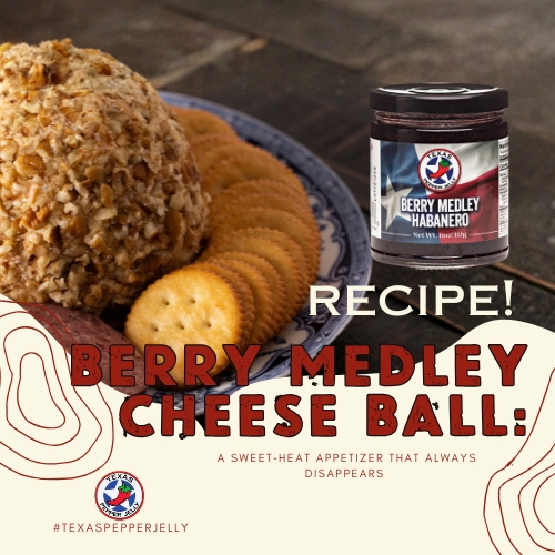 Berry Medley cheese ball with pecan coating served alongside crackers and a jar of pepper jelly