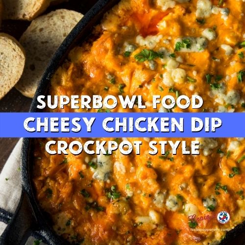 Texas pepper jelly spicy Chicken dip with cheese recipe in a dutch oven with bread slices on the side