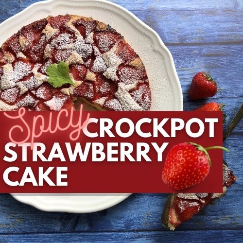 TPJ Spicy Strawberry cake on a plate with powdered sugar and blue wooden background