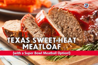 Sliced Texas sweet-heat meatloaf with glossy red glaze on a wooden cutting board, garnished with rosemary; branded for Texas Pepper Jelly and promoted as a Super Bowl football food option.