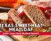 Sliced Texas sweet-heat meatloaf with glossy red glaze on a wooden cutting board, garnished with rosemary; branded for Texas Pepper Jelly and promoted as a Super Bowl football food option.