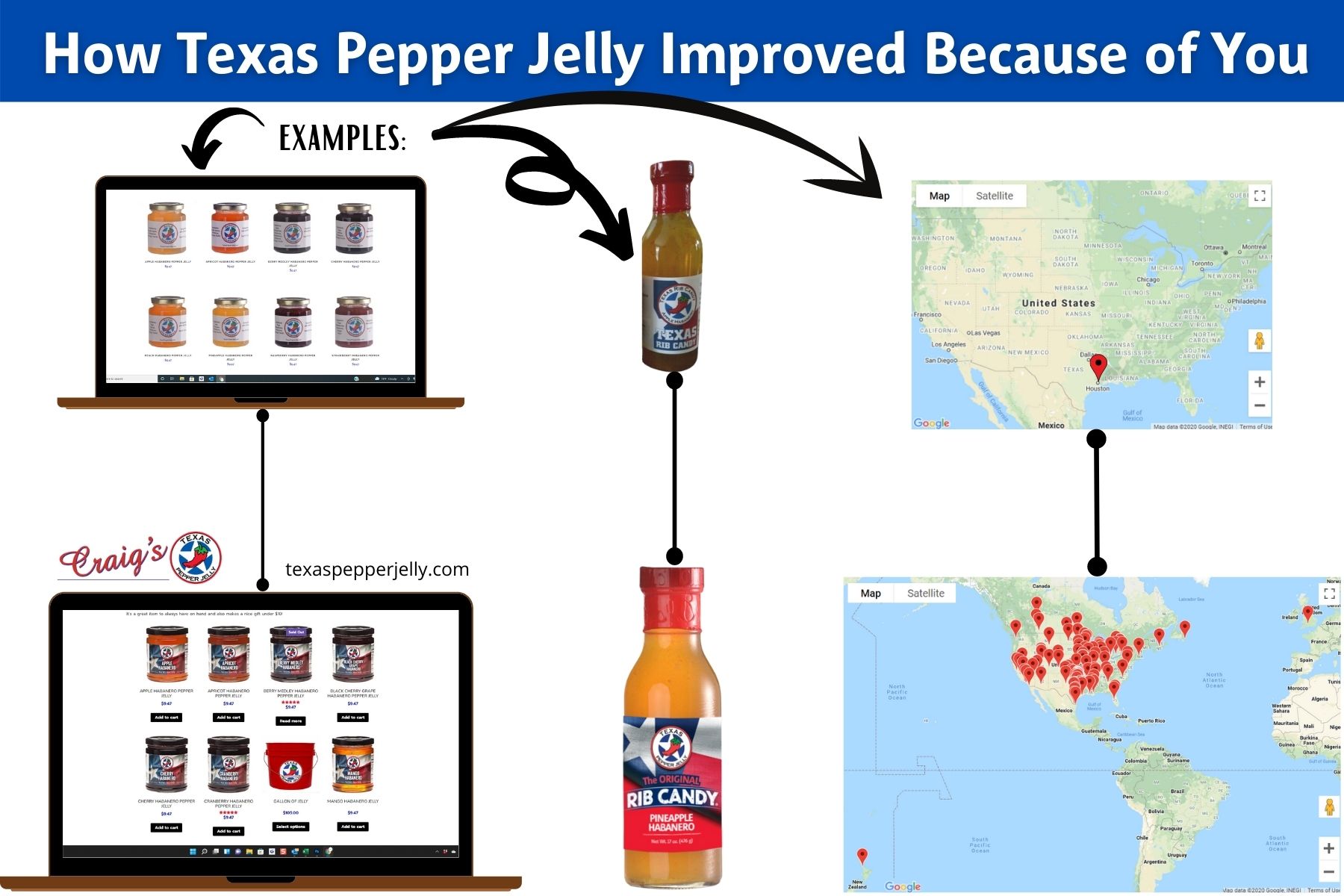 Images of improved products and things for Texas pepper jelly website, rib candy bottle, and where you can buy texas pepper jelly products