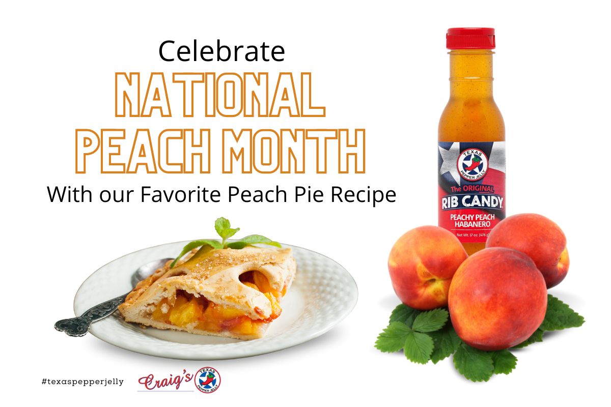 Slice of peach pie on a white plate fresh peaches and a bottle of Peachy Peach Rib Candy
