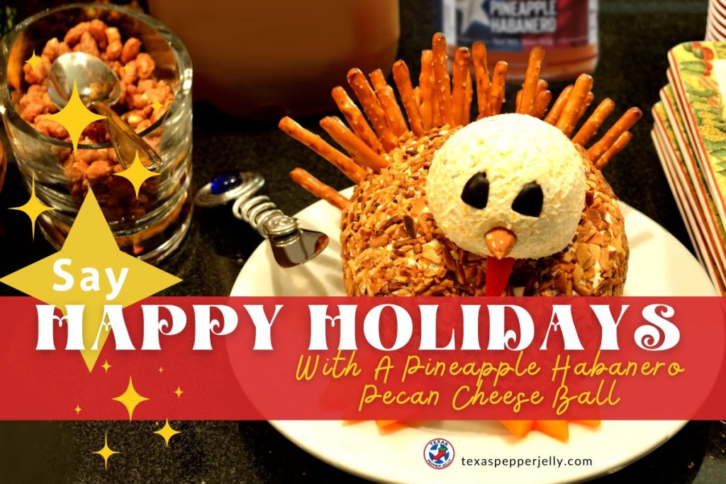 Pineapple pecan cheeseball crafted into a turkey with pretzels