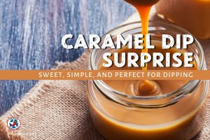 Jar with caramel dip being dripped into it from a spoon on a burlap tablecloth