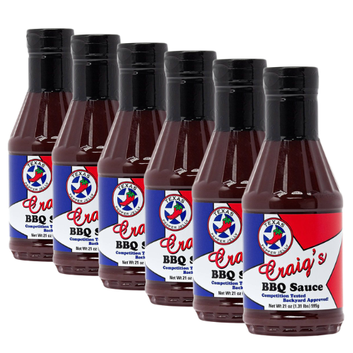 6 bottles of Craigs' BBQ Sauce in a diagonal row
